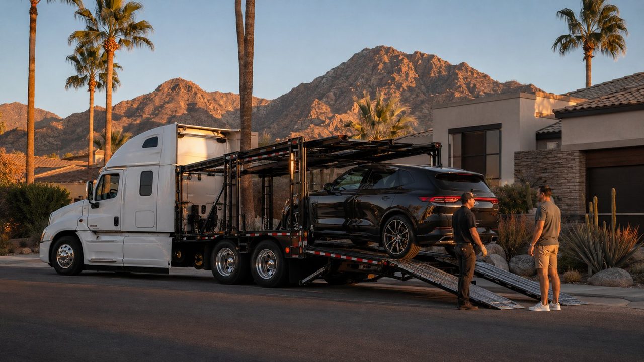 Liberty Auto Transport driver delivering an SUV to a customer at a Phoenix home with door-to-door service