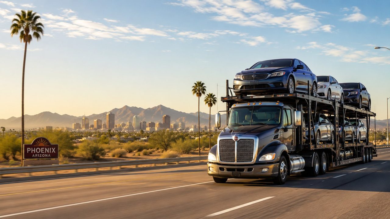 Car shipping in Phoenix — an open auto transport carrier loaded with vehicles on the highway past the downtown Phoenix skyline